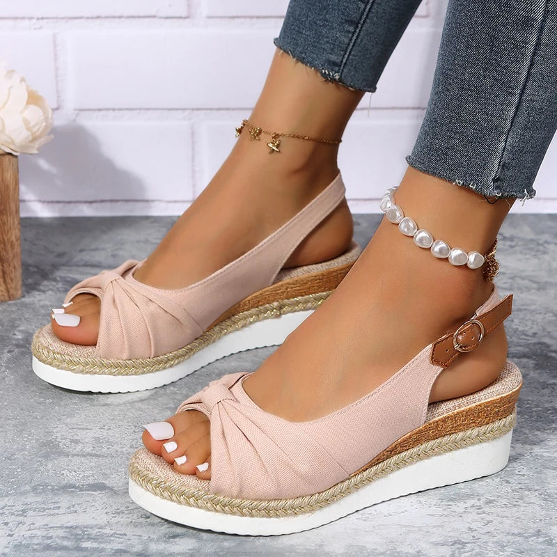 Melba Lane - pink bow espadrille wedge sandals, worn side view with denim, AU women's sizes