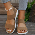 Melba Lane - tan stretch strap platform sandals worn with jeans, side view, AU women's sizes