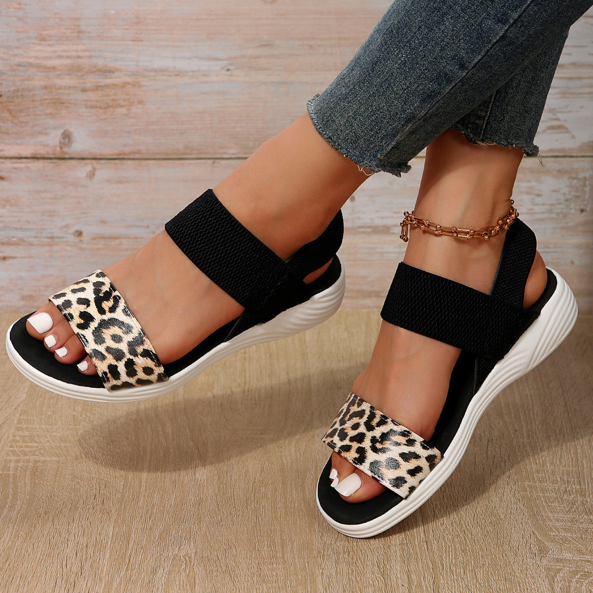 Melba Lane - leopard print stretch strap platform sandals, angled view, AU women's sizes