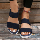 Melba Lane - blue stretch strap platform sandals, worn front view on decking, AU women's sizes