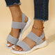 Melba Lane - grey stretch strap platform sandals, worn side view with jeans, AU women's sizes