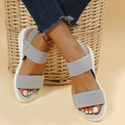 Melba Lane - grey stretch strap platform sandals, worn front view with jeans, AU women's sizes