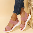 Melba Lane - pink stretch strap platform sandals, worn angled view with jeans, AU women's sizes