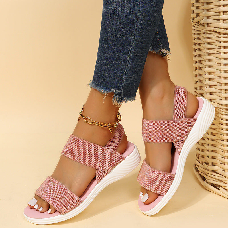 Melba Lane - pink stretch strap platform sandals, worn angled view with jeans, AU women's sizes