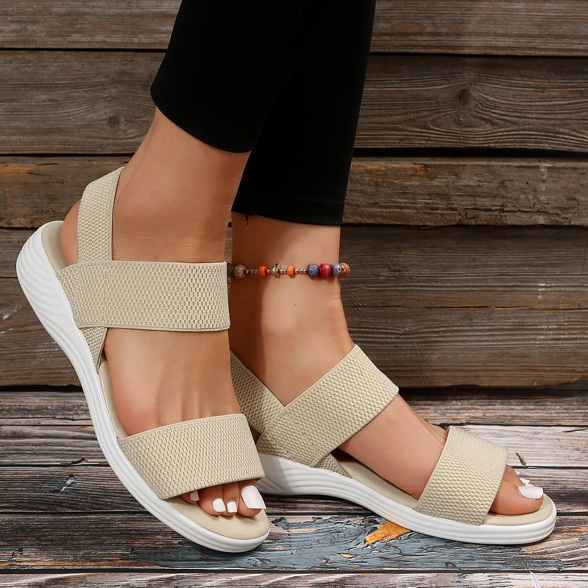 Melba Lane - cream stretch strap platform sandals worn with jeans, angled view, AU women's sizes