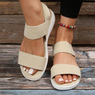 Melba Lane - cream stretch strap platform sandals worn with jeans, front view, AU women's sizes