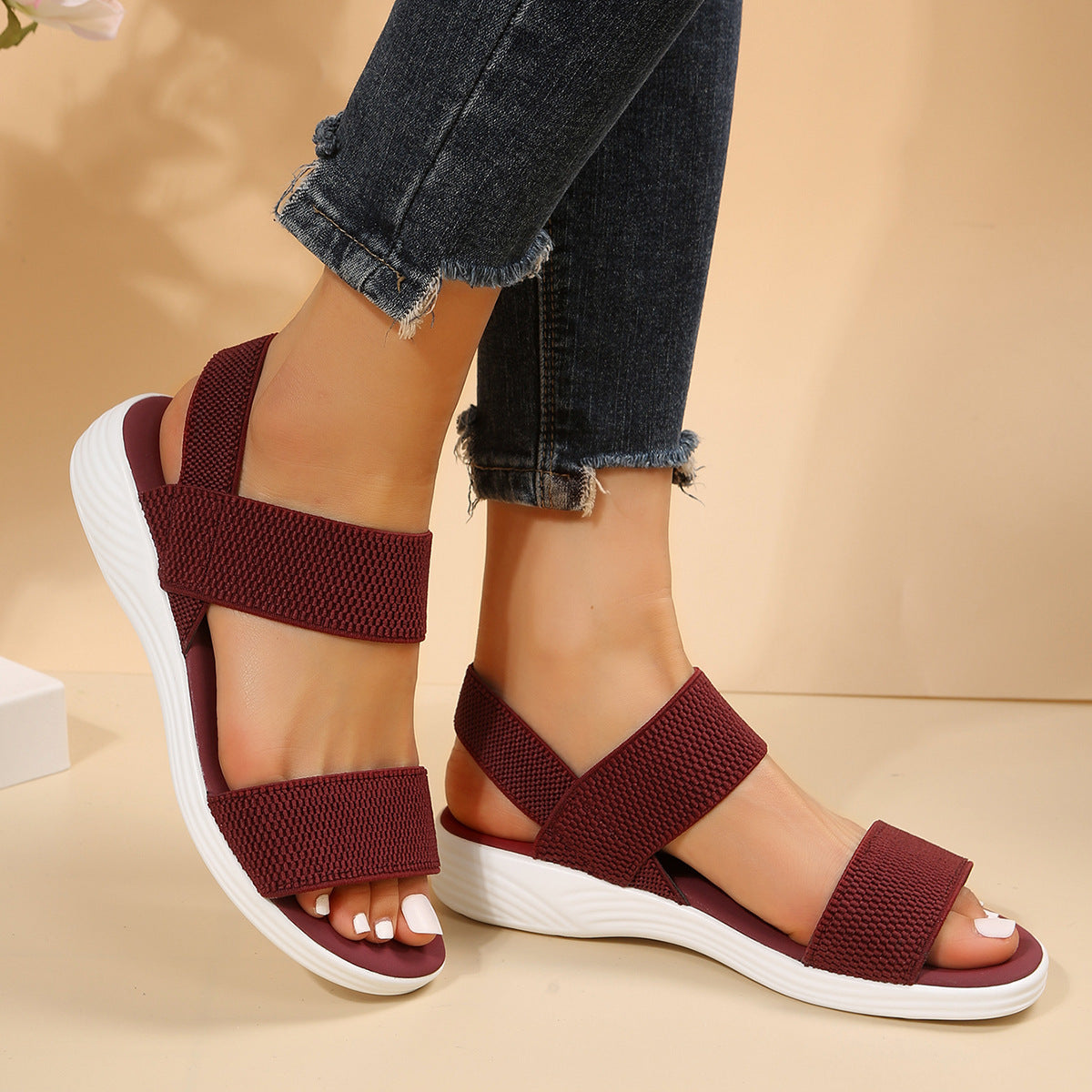 Melba Lane - burgundy stretch strap platform sandals worn with jeans, angled view, AU women's sizes
