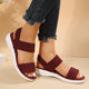 Melba Lane - burgundy stretch strap platform sandals worn with jeans, angled view, AU women's sizes