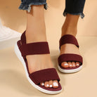 Melba Lane - burgundy stretch strap platform sandals worn with jeans, front view, AU women's sizes