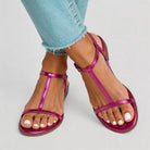 Melba Lane - pink t-strap flat sandals with ankle strap, worn with jeans, AU women's sizes