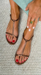 Melba Lane - bronze metallic t-strap flat sandals, top down pair view, AU women's sizes