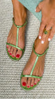 Melba Lane - green metallic t-strap flat sandals, top down pair view, AU women's sizes