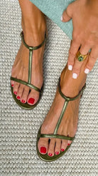 Melba Lane - olive metallic t-strap flat sandals, top down pair view, AU women's sizes