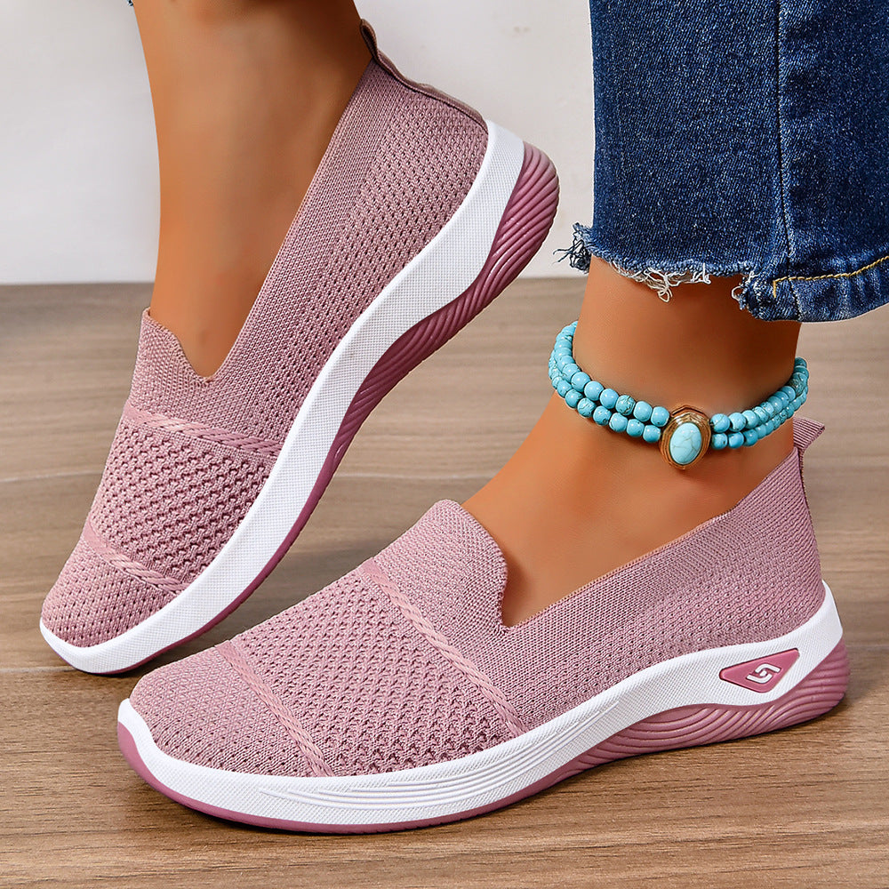 Melba Lane - pink knit slip on walking shoes worn with cropped denim, AU women's sizes