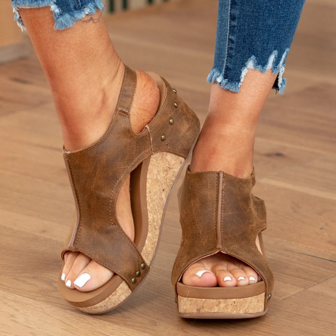 Melba Lane - brown cork wedge slingback sandals worn with jeans, side view, AU women's sizes