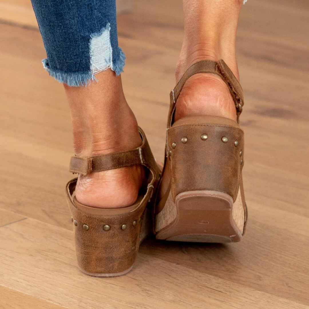 Melba Lane - brown cork wedge slingback sandals worn with jeans, back view, AU women's sizes