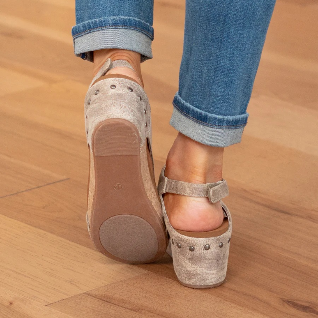 Melba Lane - beige cork wedge slingback sandals worn with jeans, sole and back, AU women's sizes