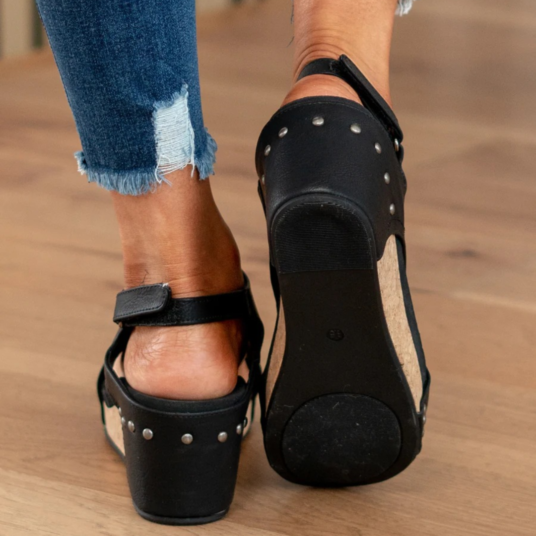 Melba Lane - black cork wedge slingback sandals worn with jeans, sole and back, AU women's sizes