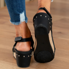Melba Lane - black cork wedge slingback sandals worn with jeans, sole and back, AU women's sizes