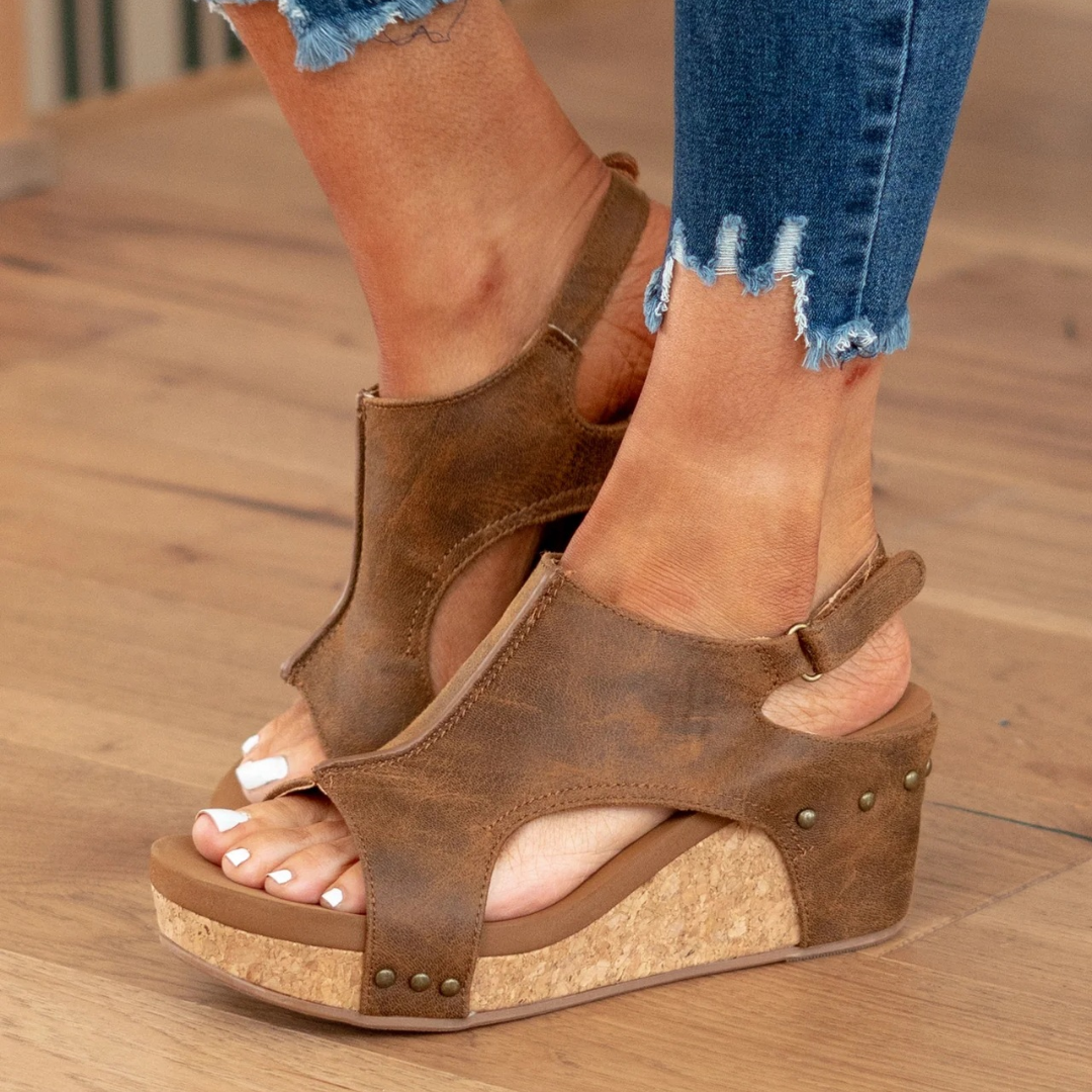 Melba Lane - brown cork wedge slingback sandals worn with jeans, angled front view, AU women's sizes