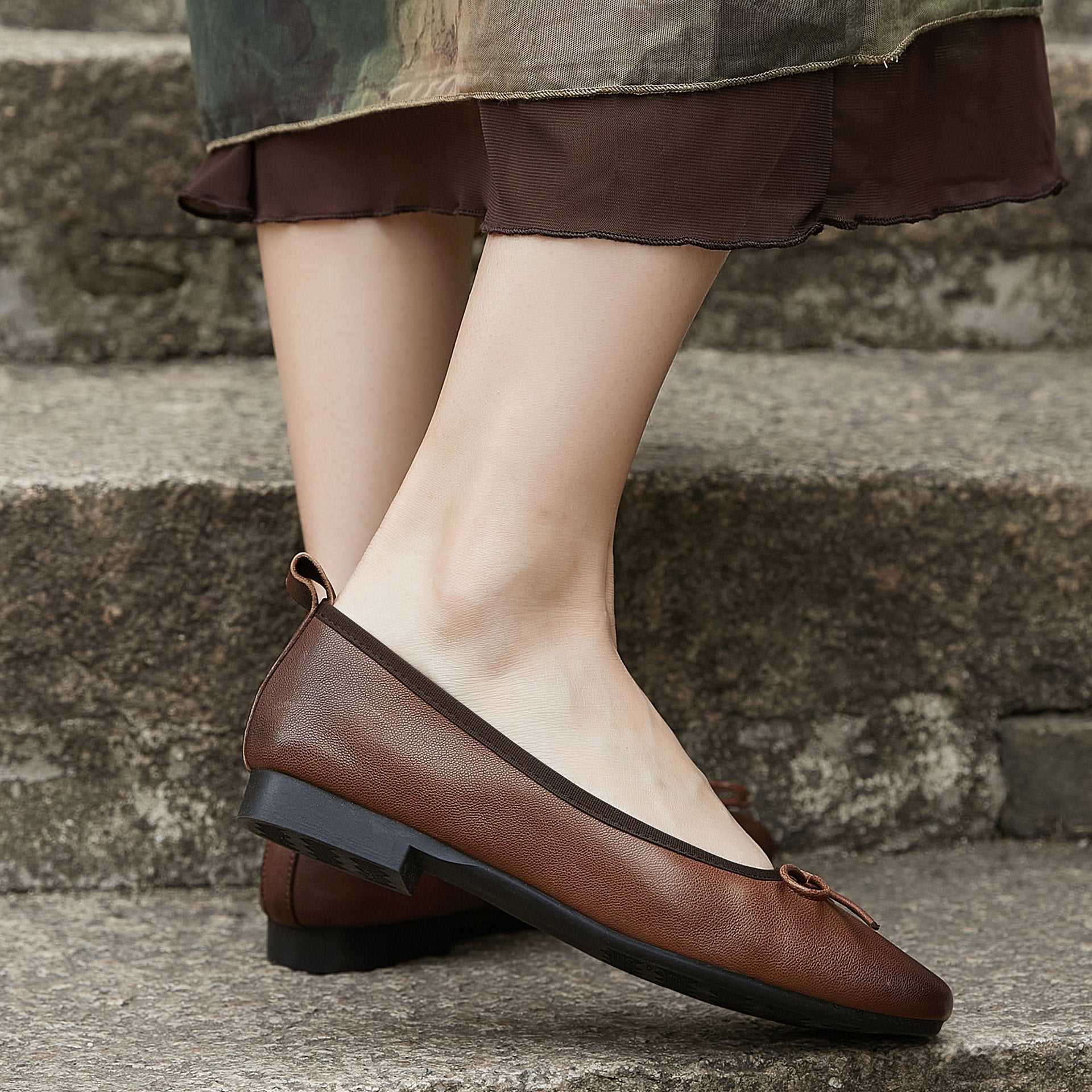 Melba Lane - brown and cream bow ballet flats, low block heel side view, AU women's sizes