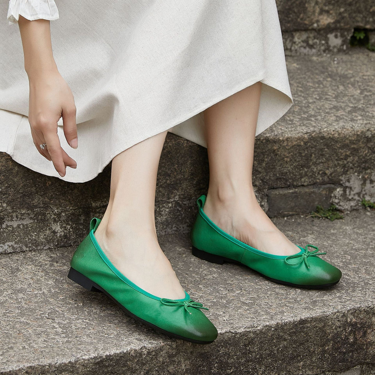 Melba Lane - green sheepskin bow ballet flats, worn with a long skirt, AU women's sizes