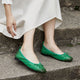 Melba Lane - green sheepskin bow ballet flats, worn with a long skirt, AU women's sizes