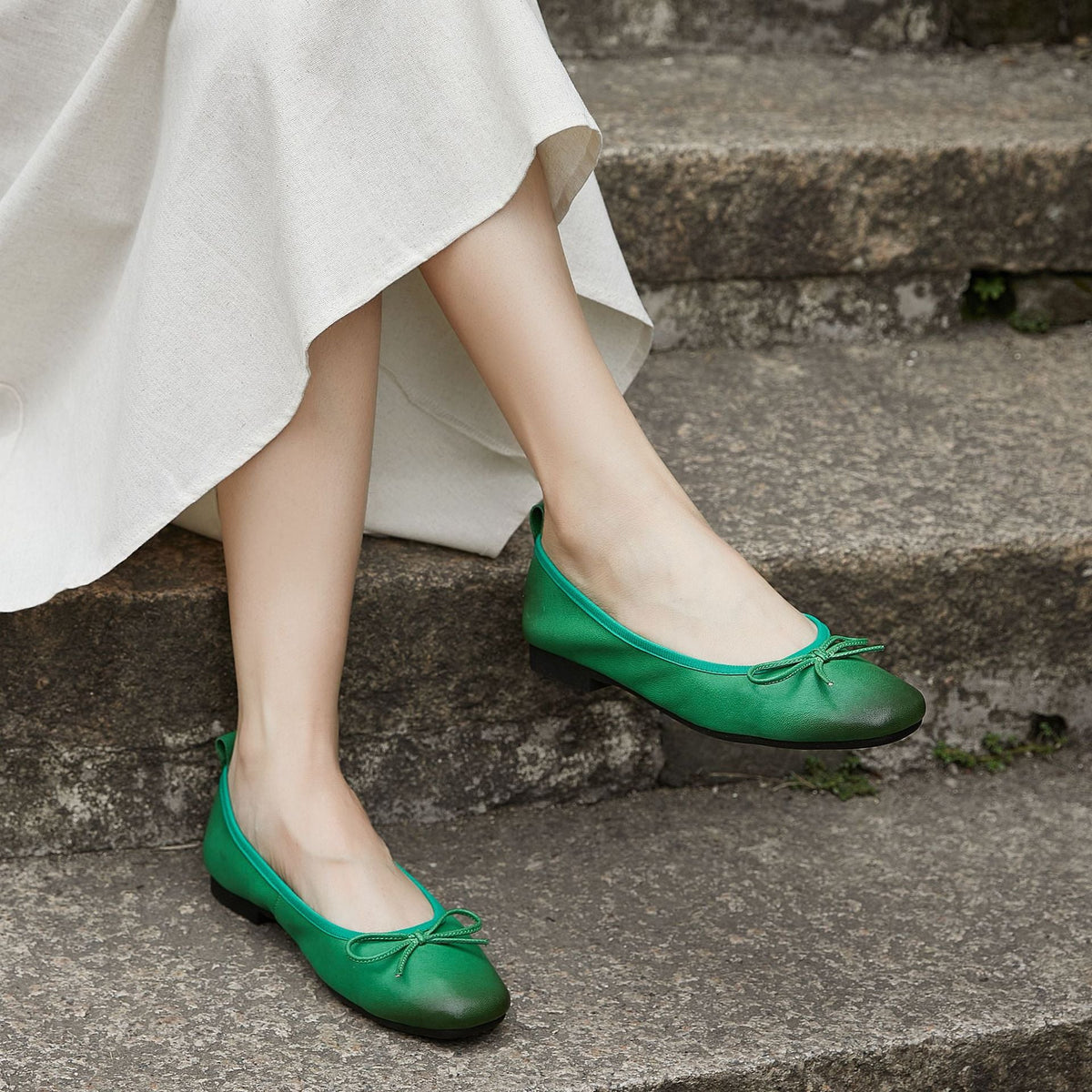 Melba Lane - green bow ballet flats with low heel, side view on model, AU women's sizes