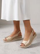 Melba Lane - gold braided espadrille wedge sandals, worn from the front, AU women's sizes
