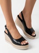 Melba Lane - black braided espadrille wedge sandals, worn angled view, AU women's sizes