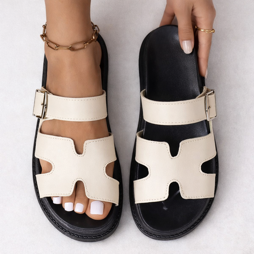 Melba Lane - white and black cushioned platform sandals, flat lay pair, AU women's sizes