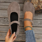 Melba Lane - grey rounded toe Mary Jane flats, pair held in hand, AU women's sizes