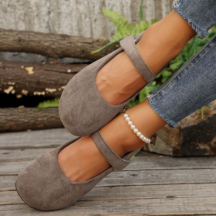 Melba Lane - grey rounded toe Mary Jane flats, worn with straight jeans, AU women's sizes
