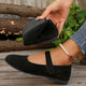 Melba Lane - black rounded toe Mary Jane flats, single shoe held in hand, AU women's sizes
