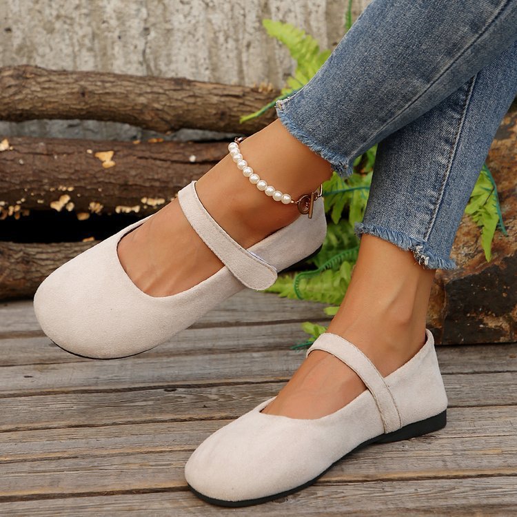 Melba Lane - beige rounded toe Mary Jane flats, worn with straight denim, AU women's sizes
