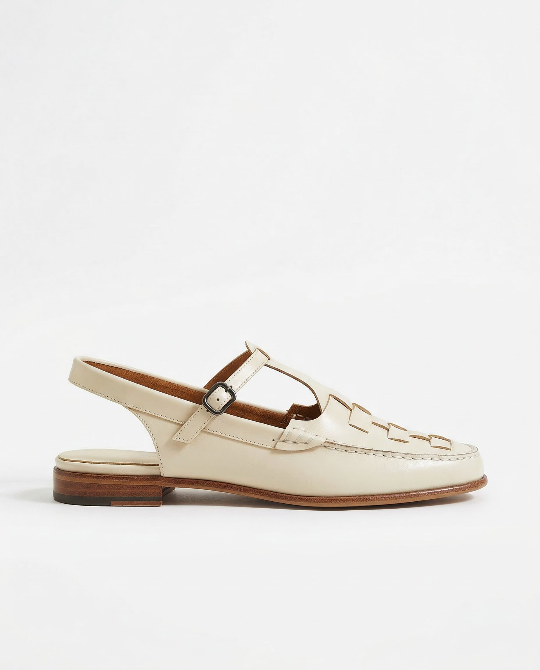 Melba Lane - cream woven slingback flats with a T-bar strap, side view, AU women's sizes