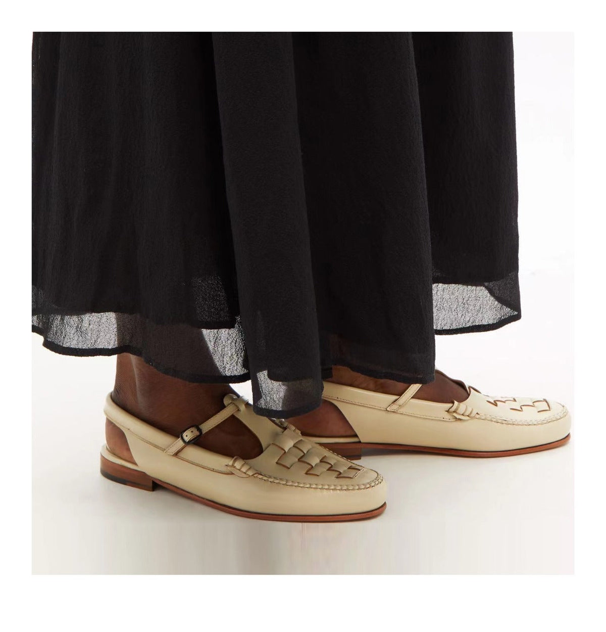 Melba Lane - brown and cream woven slingback flats worn with a black skirt, AU women's sizes
