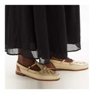 Melba Lane - brown and cream woven slingback flats worn with a black skirt, AU women's sizes