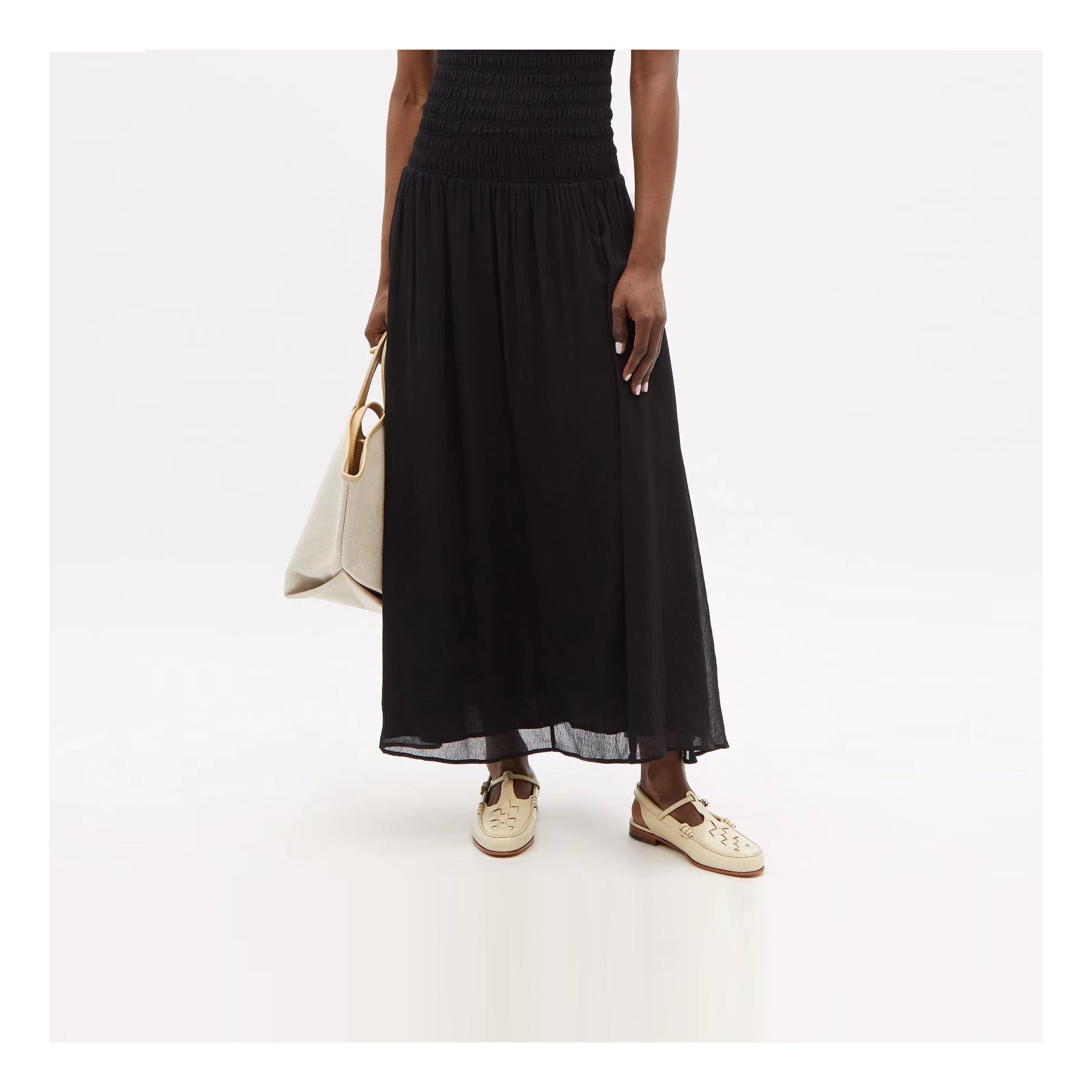 Melba Lane - cream woven slingback flats worn with a long black dress, AU women's sizes